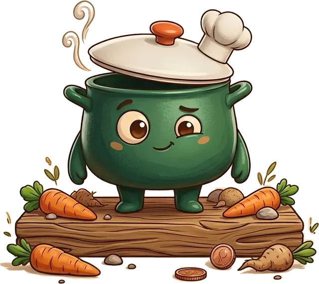 Pleny, a green cooking pot with a chef hat, surrounded by the six kitchen helpers